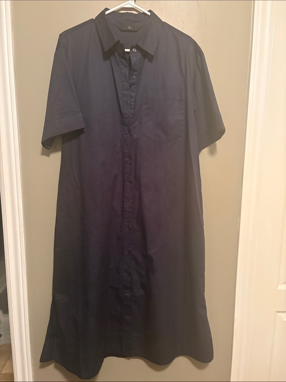Navy Short-Sleeve Button-Front Midi Shirt Dress